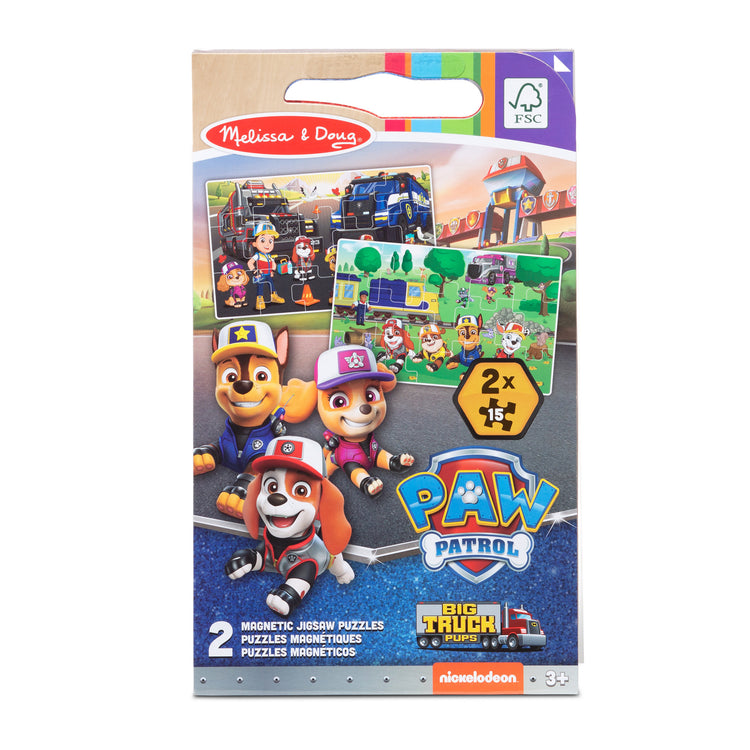 The front of the box for The Melissa & Doug PAW Patrol Take-Along Magnetic Jigsaw Puzzles - Big Truck Pups (2 15-Piece Puzzles)