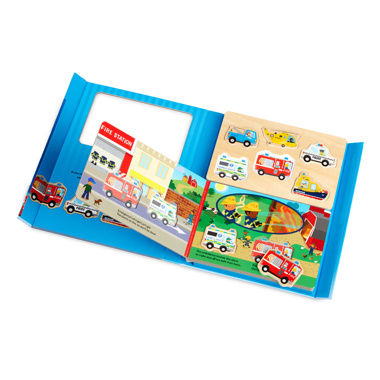 The loose pieces of The Melissa & Doug To the Rescue Book and Wooden 6-Piece Puzzle Play Set