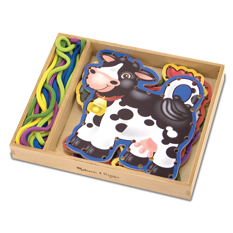 The front of the box for The Melissa & Doug Lace and Trace Activity Set: 5 Wooden Panels and 5 Matching Laces - Farm