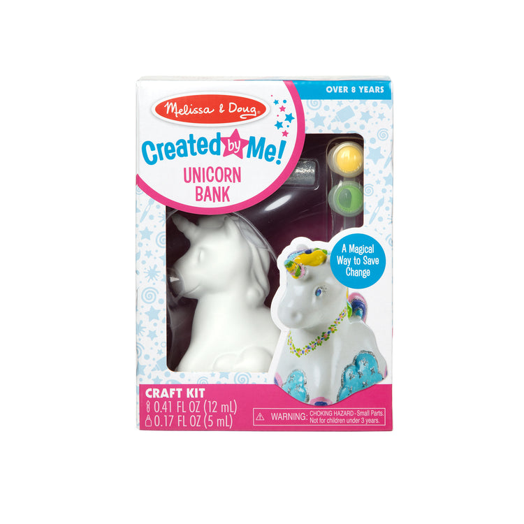 The front of the box for The Melissa & Doug Created by Me! Decorate-Your-Own Unicorn Bank Craft Kit With 6 Pots of Paint, Glitter Glue, Paintbrush