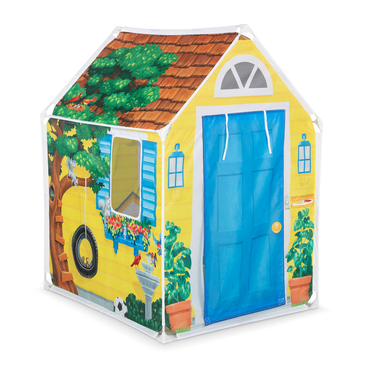 The loose pieces of The Melissa & Doug Cozy Cottage Fabric Play Tent and Storage Tote