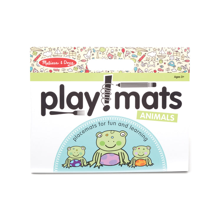 The front of the box for The Melissa & Doug Playmats Animals Take-Along Paper Coloring And Learning Activity Pads (24 Pages)