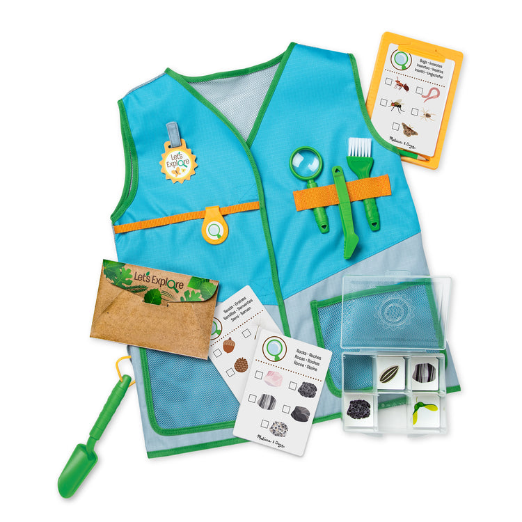 The loose pieces of The Melissa & Doug Let’s Explore Naturalist Vest Play Set – 20 Pieces