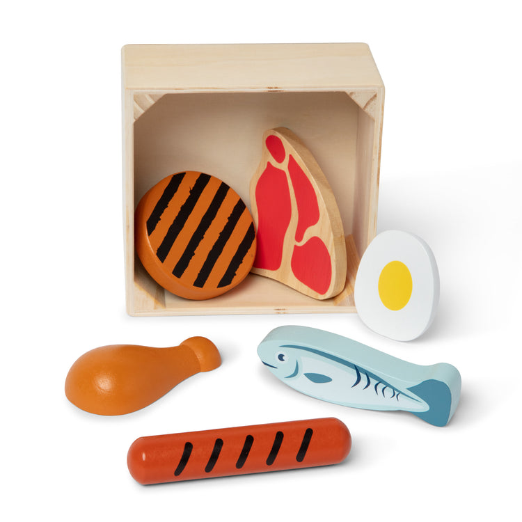 The loose pieces of The Melissa & Doug Wooden Food Groups Play Food Set – Protein