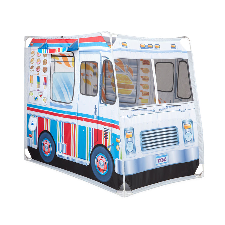 The loose pieces of The Melissa & Doug Fabric Double-Sided Food Truck Play Tent - Ice Cream And BBQ