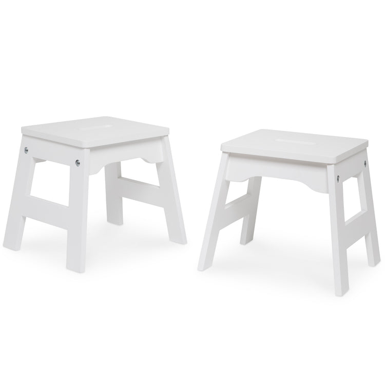 The loose pieces of The Melissa & Doug Wooden Stools – Set of 2 Stackable, Portable 11-Inch-Tall Stools (White)