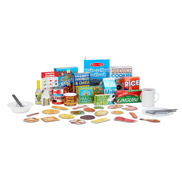 The loose pieces of The Melissa & Doug Deluxe Kitchen Collection Cooking & Play Food Set – 58 Pieces