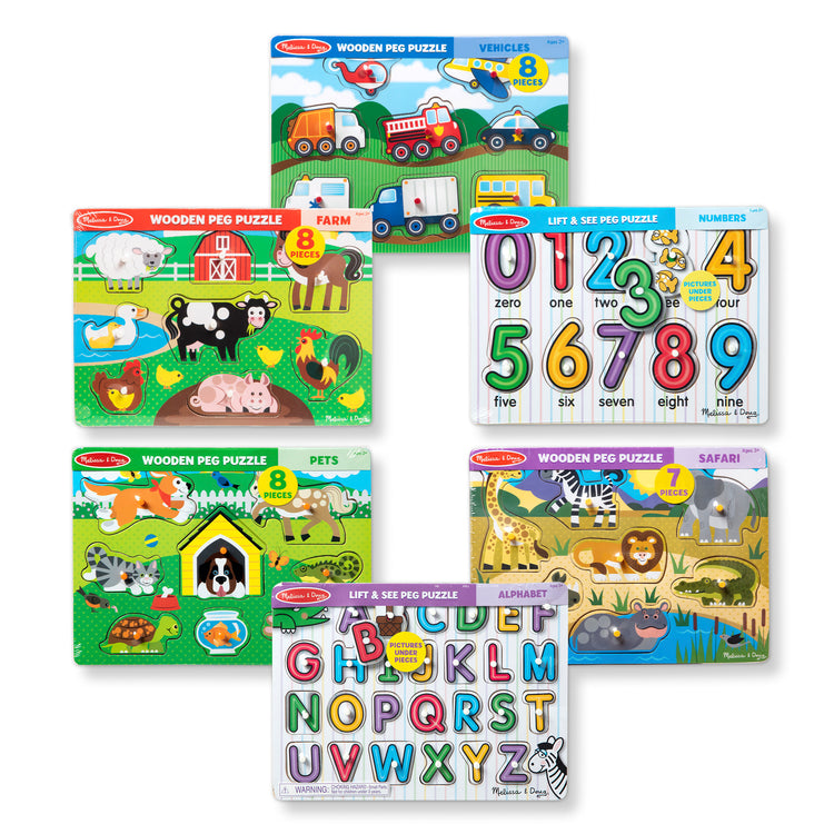  The Melissa & Doug Wooden Peg Puzzle 6-Pack – Numbers, Letters, 3 Animals, Vehicles