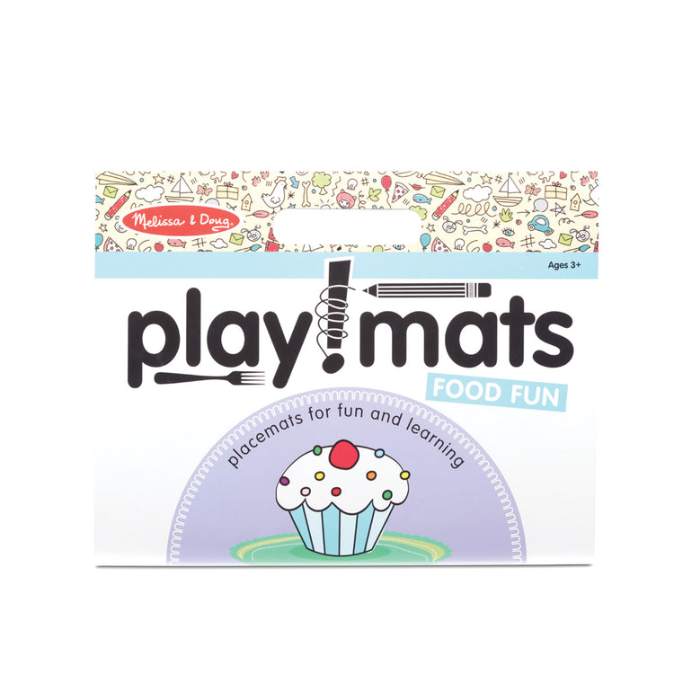 The front of the box for The Melissa & Doug Playmats Food Fun Take-Along Paper Coloring And Learning Activity Pads (24 Pages)