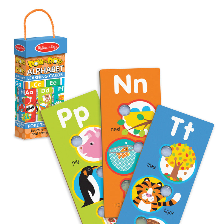 The loose pieces of The Melissa & Doug Poke-a-Dot Alphabet Learning Cards