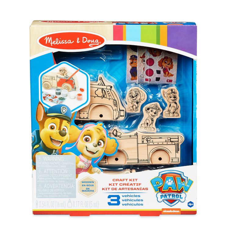 The front of the box for The Melissa & Doug PAW Patrol Wooden Vehicles Craft Kit - 3 Decorate Your Own Vehicles, 3 Play Figures