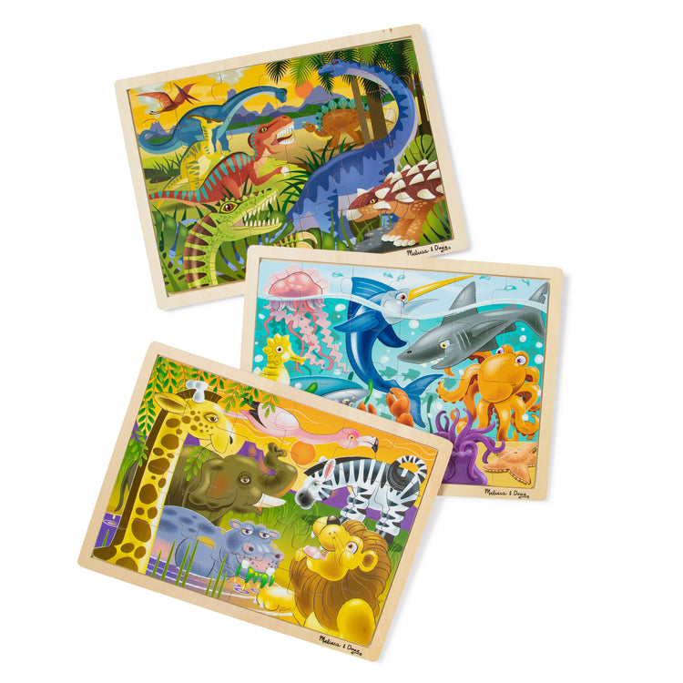 The loose pieces of The Melissa & Doug Jigsaw Puzzle Bundle (Dinosaur,Safari and Ocean)