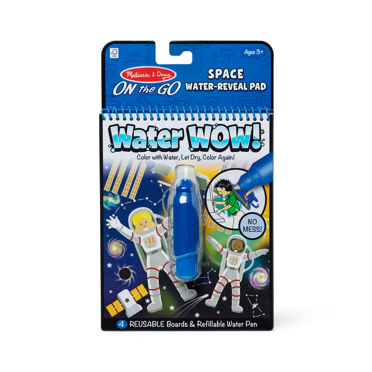 The front of the box for The Melissa & Doug On the Go Space Water Wow! Reusable Mess-Free Water-Reveal Activity Pad