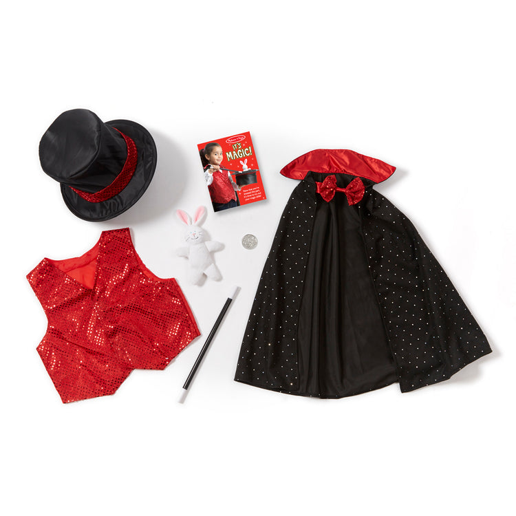 The loose pieces of The Melissa & Doug Magician Costume Role Play Set - Includes Hat, Cape, Wand, Magic Tricks