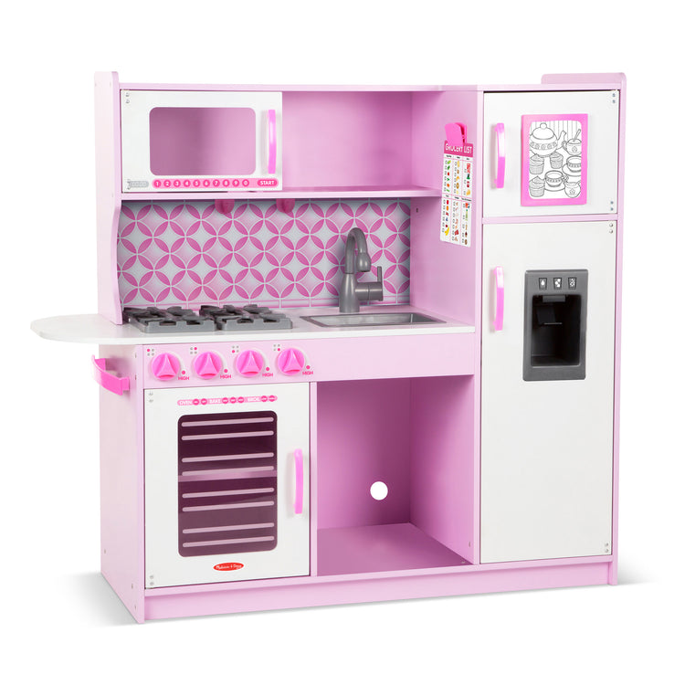 An assembled or decorated image of The Melissa & Doug Wooden Chef’s Pretend Play Toy Kitchen With “Ice” Cube Dispenser – Cupcake Pink/White