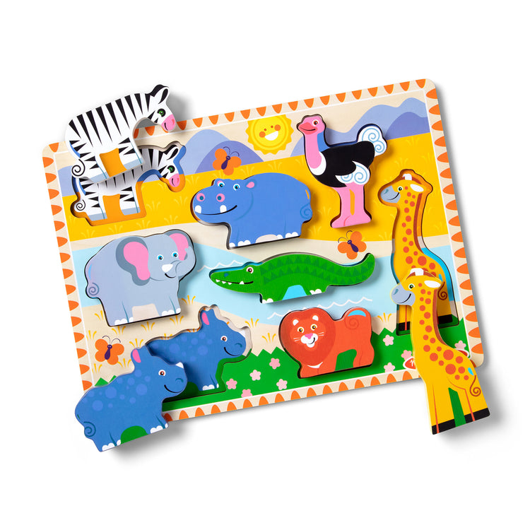 The loose pieces of The Melissa & Doug Safari Wooden Chunky Puzzle - 8 Pieces