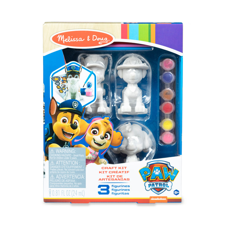 The front of the box for The Melissa & Doug PAW Patrol Craft Kit - 3 Decorate Your Own Pup Figurines