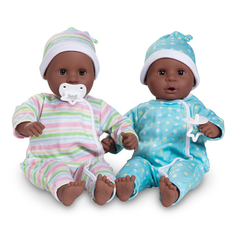 The loose pieces of The Melissa & Doug Mine to Love Twins Tyler & Taylor 15” Dark Skin-Tone Boy and Girl Baby Dolls with Rompers, Caps, Pacifiers