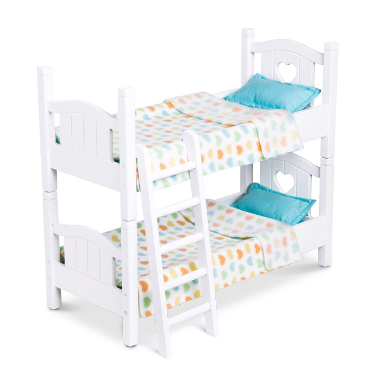 The loose pieces of The Melissa & Doug Mine to Love Wooden Play Bunk Bed for Dolls, Stuffed Animals - White (2 Beds, 17.4”H x 9.1”W x 20.7”L Assembled and Stacked)