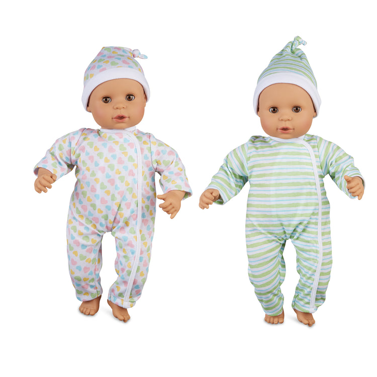 The loose pieces of The Melissa & Doug Mine to Love Twins Sebastian & Sofia 15” Medium Skin-Tone Boy and Girl Baby Dolls with Rompers, Caps, Pacifiers