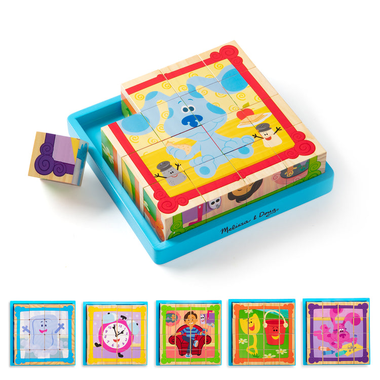 The loose pieces of The Melissa & Doug Blue's Clues & You! Wooden Cube Puzzle (16 Pieces)