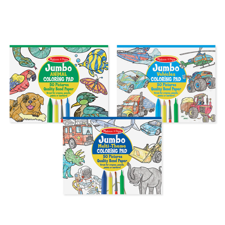  The Melissa & Doug Jumbo 50-Page Kids' Coloring Pads 3-Pack - Animals, Vehicles, and Multi-Themed