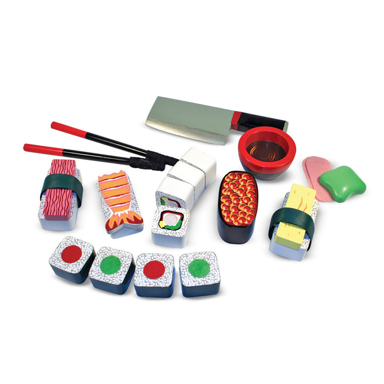 The loose pieces of The Melissa & Doug Sushi Slicing Wooden Play Food Set