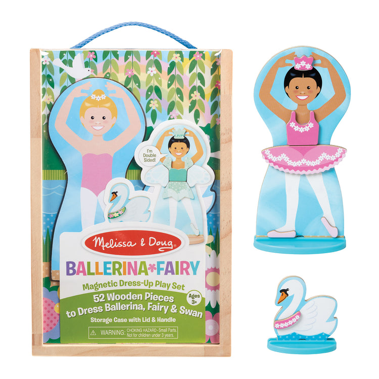 The loose pieces of The Melissa & Doug Ballerina And Fairy Magnetic Dress-Up Double-Sided Wooden Doll And Swan Pretend Play Set (52 pcs)