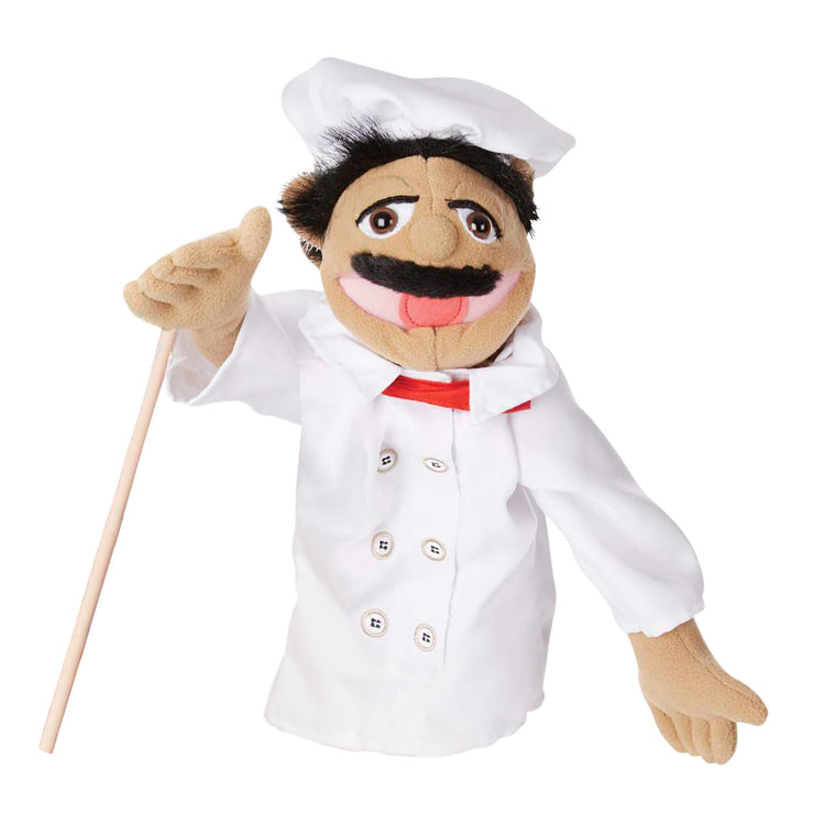 A child on white background with The Melissa & Doug Chef Puppet (Al Dente) with Detachable Wooden Rod