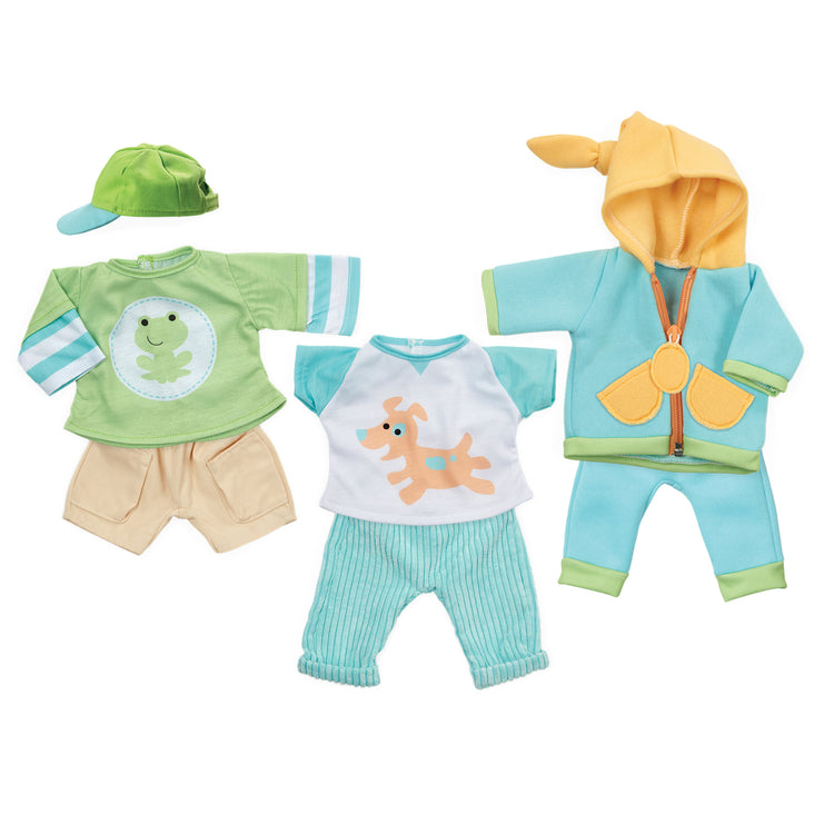 An assembled or decorated image of The Melissa & Doug Mine to Love Mix & Match Playtime Doll Clothes for 12”-18” Unisex Dolls (6 pcs)