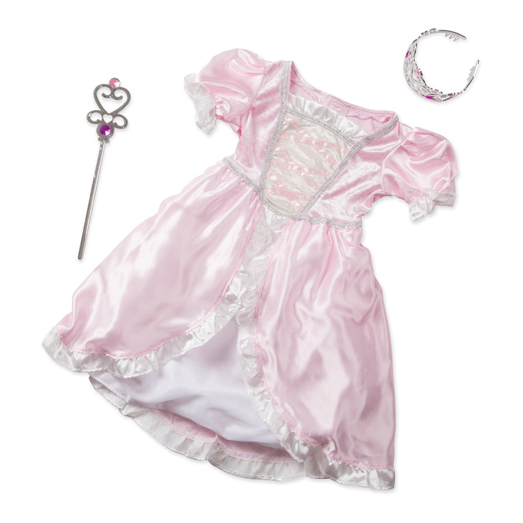 The loose pieces of The Melissa & Doug Princess Role Play Costume Set (3 pcs)- Pink Gown, Tiara, Wand