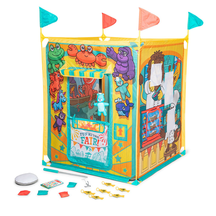 The loose pieces of The Melissa & Doug Fun at the Fair! Game Center Play Tent – 4 Sides of Activities