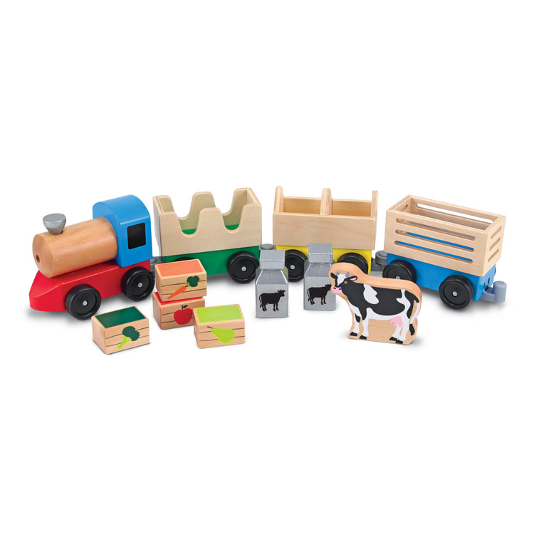 The loose pieces of The Melissa & Doug Wooden Farm Train Set - Classic Wooden Toy (3 linking cars)