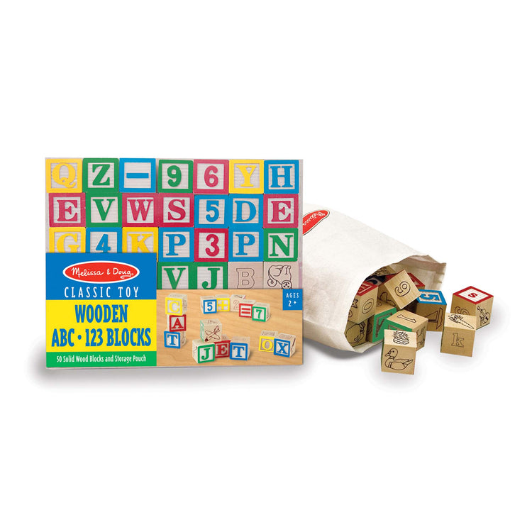 The front of the box for The Melissa & Doug Deluxe Wooden ABC/123 1-Inch Blocks Set With Storage Pouch (50 pcs)