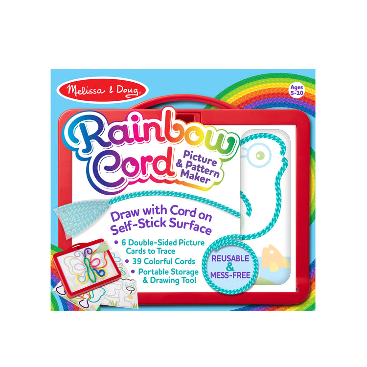 The front of the box for The Melissa & Doug Rainbow Cord Picture And Pattern Maker Draw with Cords Activity – 39 Cords, 6 Double-Sided Cards to Trace