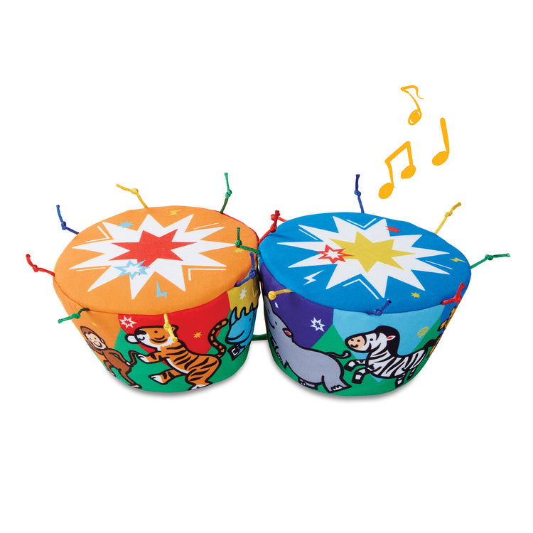 The loose pieces of The Melissa & Doug K's Kids Bongo Drums Soft Musical Instrument