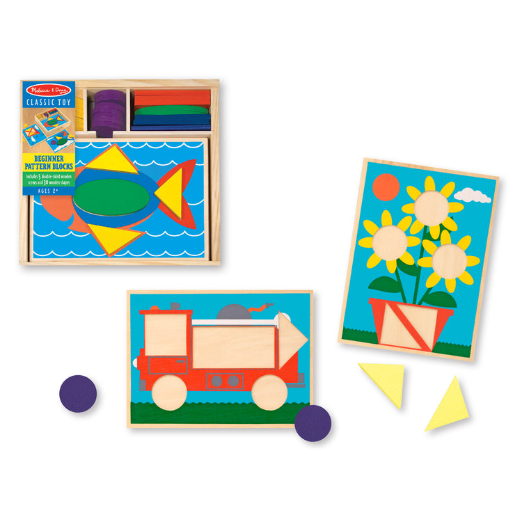 The front of the box for The Melissa & Doug Beginner Wooden Pattern Blocks Educational Toy With 5 Double-Sided Scenes and 30 Shapes