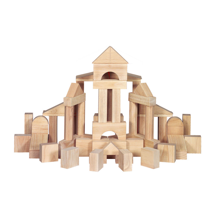 The loose pieces of The Melissa & Doug Standard Unit Solid-Wood Building Blocks With Wooden Storage Tray (60 pcs)