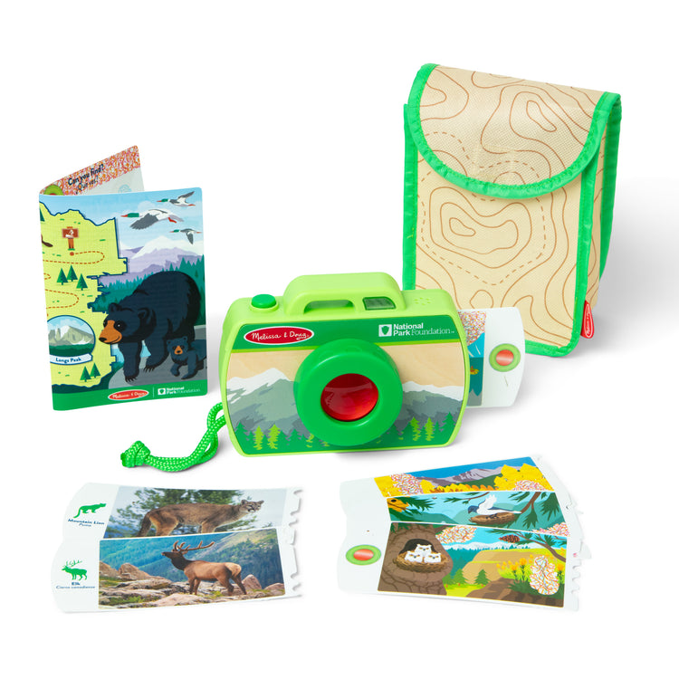 The loose pieces of The Melissa & Doug Rocky Mountain National Park Sights and Sounds Wooden Toy Camera Play Set