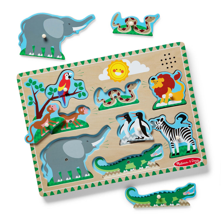 An assembled or decorated image of The Melissa & Doug Zoo Animals Sound Puzzle - Wooden Peg Puzzle With Sound Effects (8 pcs)