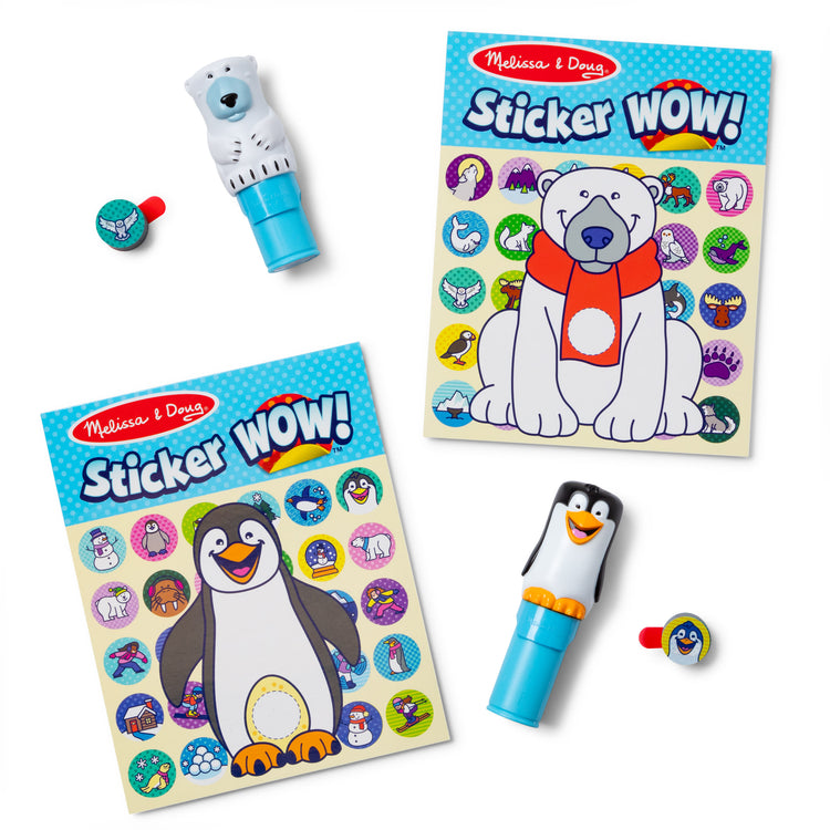 The loose pieces of The Melissa & Doug Sticker WOW!®  Winter (Polar Bear and Penguin) VALUE PACK Arts and Crafts Collectibles – 2 Activity Pads, 2 Sticker Stampers, 2 Bonus Sticker Stacks