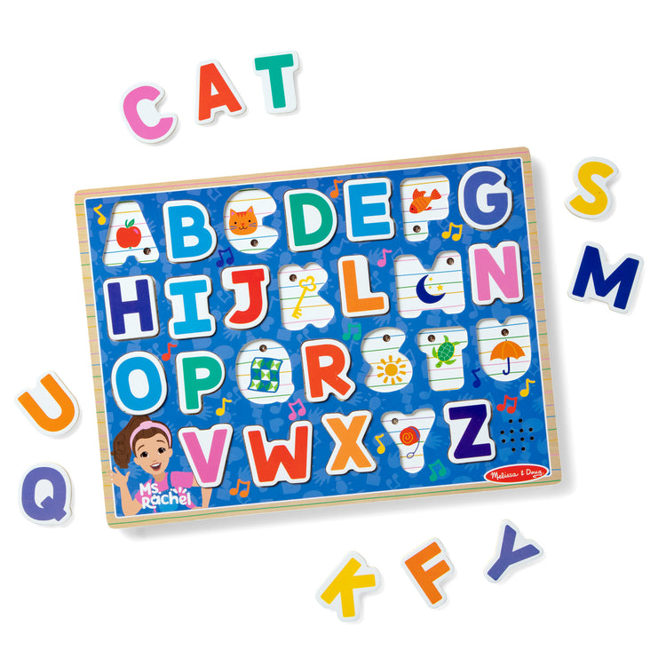 The loose pieces of The Melissa & Doug® Ms. Rachel™ Wooden Phonics Alphabet Sound Puzzle, 24-Piece Toddler Toys for Boys and Girls Ages 2+ Years