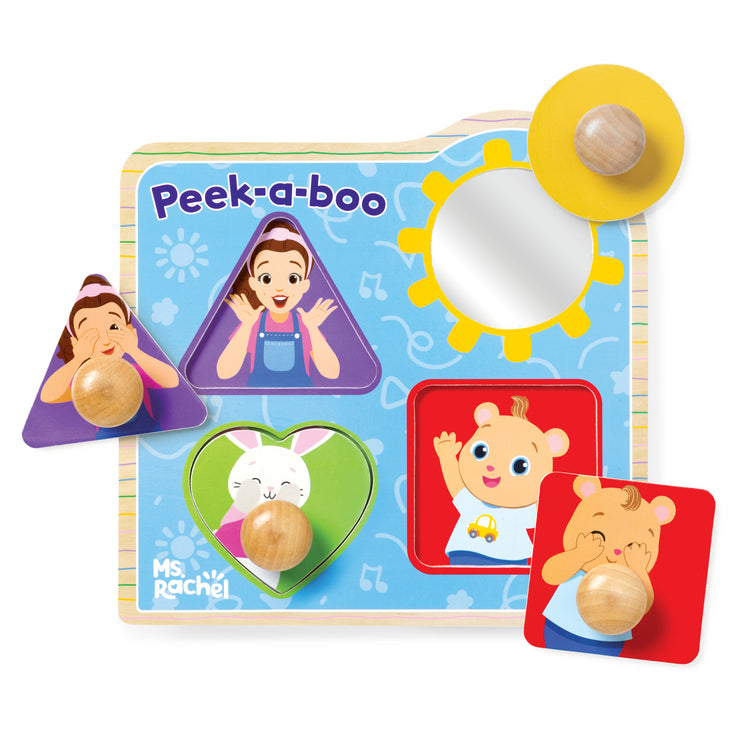 The front of the box for The Melissa & Doug® Ms. Rachel™ Wooden Peek-a-Boo Jumbo Peg Puzzle, 4-Piece with Mirror, Toddler Toys for Boys and Girls Ages 1+ Years

