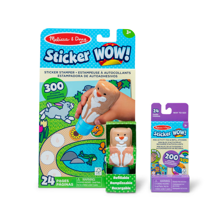 The front of the box for The Melissa & Doug Sticker WOW!™ Bunny Bundle: 24-Page Activity Pad, Sticker Stamper, 500 Stickers, Mini Pad, Arts and Crafts Fidget Toy Collectible Character