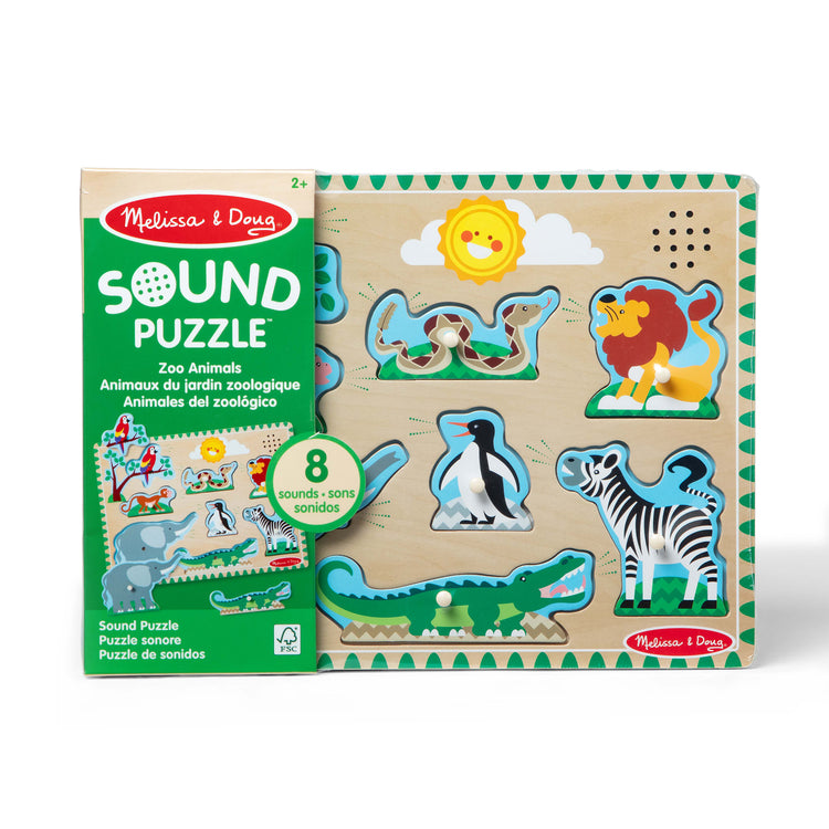 The front of the box for The Melissa & Doug Zoo Animals Sound Puzzle - Wooden Peg Puzzle With Sound Effects (8 pcs)