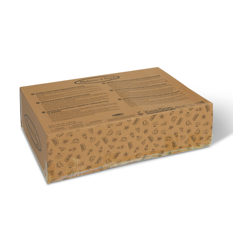 The front of the box for The Melissa & Doug Wooden Pizza Food Truck Activity Center with Play Food, for Boys and Girls 3+
