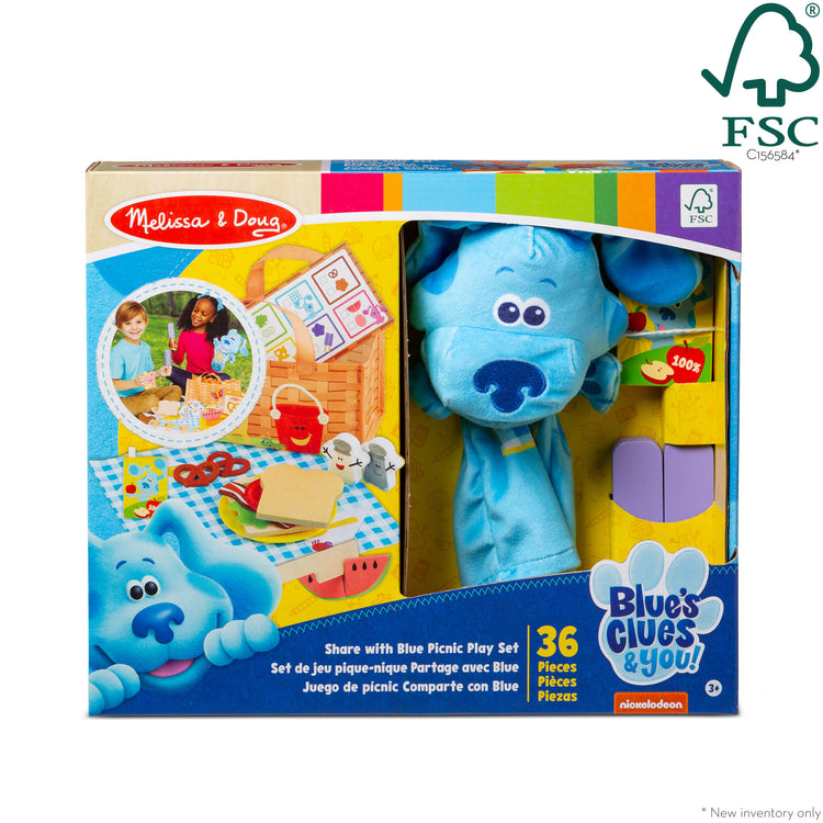 The front of the box for The Melissa & Doug Blue’s Clues & You! Share with Blue Picnic Play Set with Hand Puppet