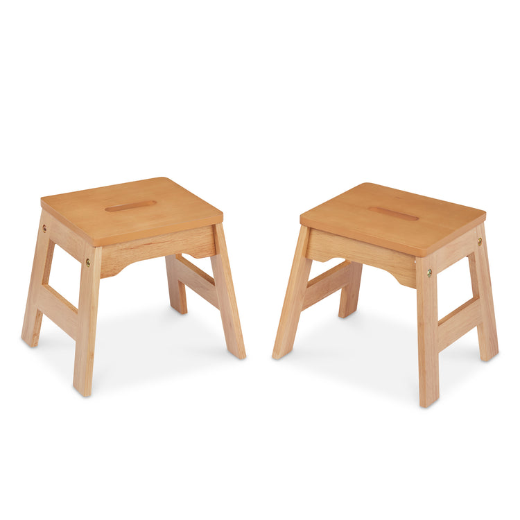 The loose pieces of The Melissa & Doug Wooden Stools – Set of 2 Stackable, Portable 11-Inch-Tall Stools (Natural)