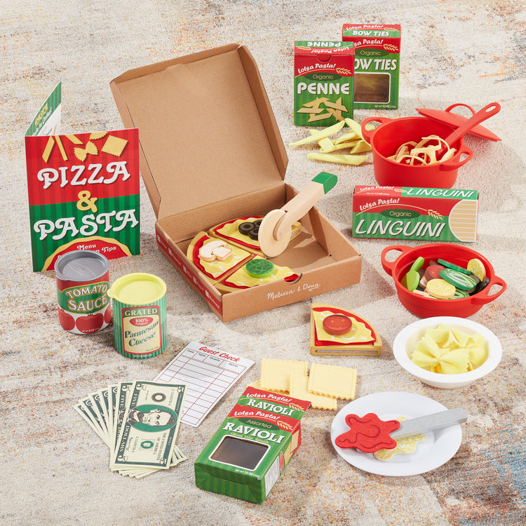 A playroom scene with The Melissa & Doug Deluxe Pizza & Pasta Play Set Pretend Play Food - 92 Pieces