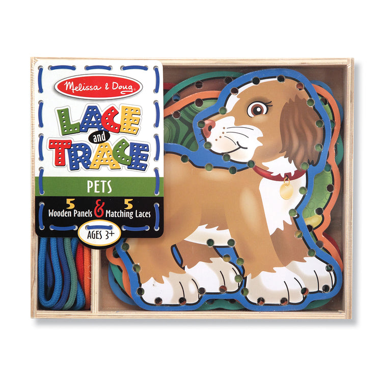 The front of the box for The Melissa & Doug Lace and Trace Activity Set: Pets - 5 Wooden Panels and 5 Matching Laces